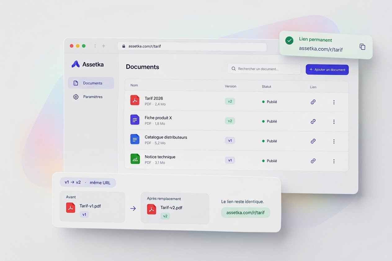 Interface Assetka montrant les documents publiés, leurs versions et un lien permanent